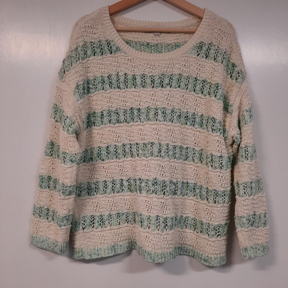 Loft Striped Stitch 3/4 Sleeve Sweater Women's Size XL Seafoam Ivory Open Knit